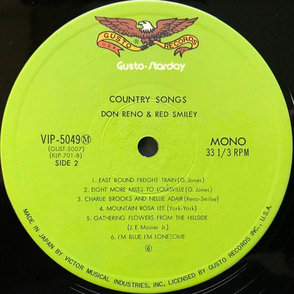 Reno And Smiley - Country Songs (Their Vocal And Instrumental Favorites) (Vinyl, LP, Album, Reissue, Mono) Near Mint (NM or M-) / Very Good Plus (VG+)