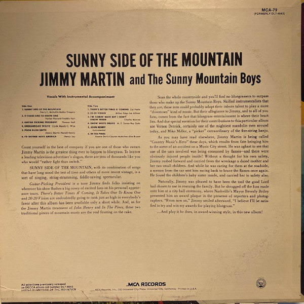 Jimmy Martin - Sunny Side Of The Mountain (Vinyl, LP, Album, Reissue) Very Good Plus (VG+) / Very Good (VG)