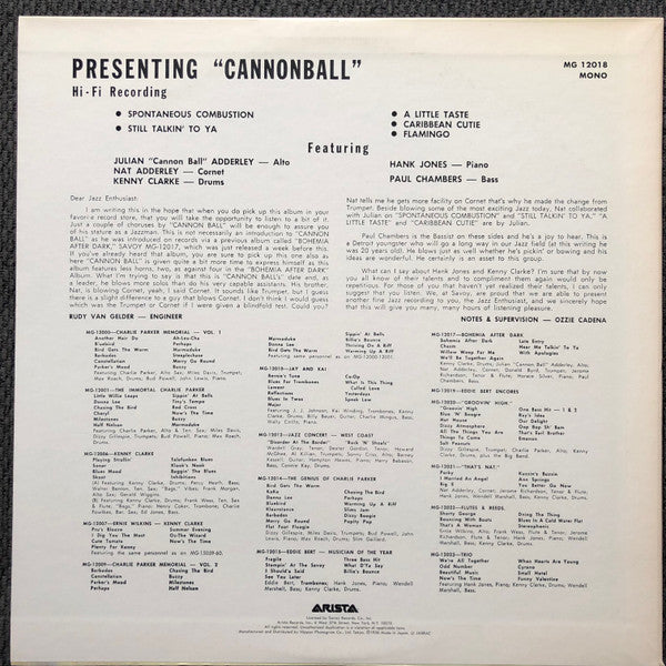 Cannonball Adderley - Presenting "Cannonball" (Vinyl, LP, Album, Reissue, Mono) Very Good Plus (VG+) / Very Good Plus (VG+)