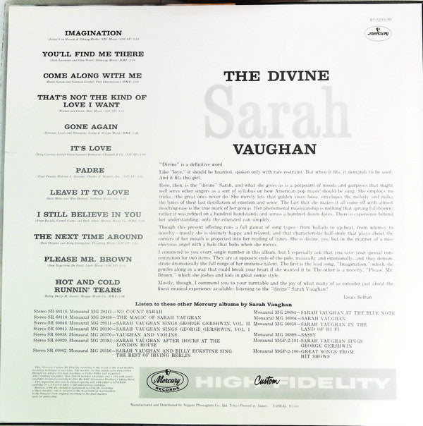 Sarah Vaughan - The Divine Sarah Vaughan (Vinyl, LP, Album, Mono) Very Good (VG) / Very Good (VG)