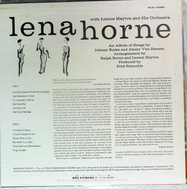 Lena Horne - Songs By Burke And Van Heusen (Vinyl, LP, Album, Promo, Stereo) Very Good Plus (VG+) / Very Good Plus (VG+)