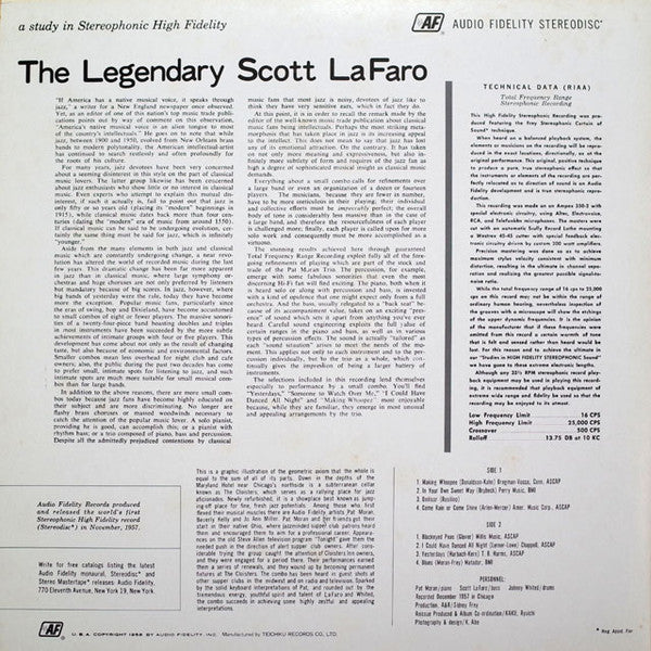 Scott LaFaro - The Legendary Scott LaFaro (Vinyl, LP, Album, Reissue, Stereo) Very Good Plus (VG+) / Very Good (VG)