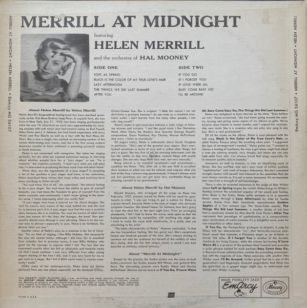 Helen Merrill - Merrill At Midnight (Vinyl, LP, Album, Mono) Very Good (VG) / Good Plus (G+)