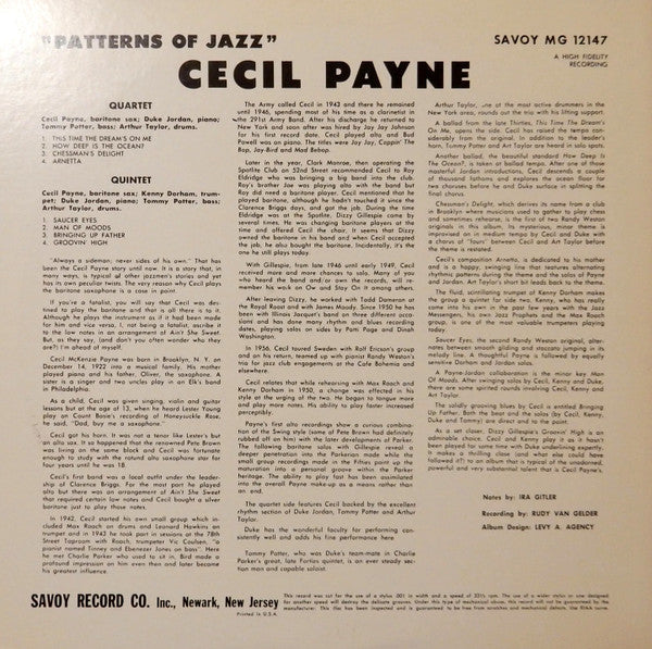 Cecil Payne - Patterns Of Jazz (Vinyl, LP, Album, Reissue) Very Good Plus (VG+) / Very Good Plus (VG+)