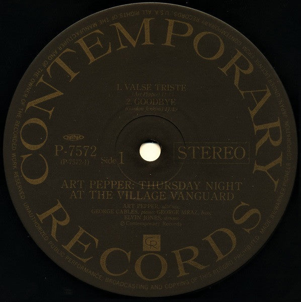 Art Pepper - Thursday Night At The Village Vanguard (Vinyl, LP, Album, Reissue, Stereo) Very Good Plus (VG+) / Very Good Plus (VG+)