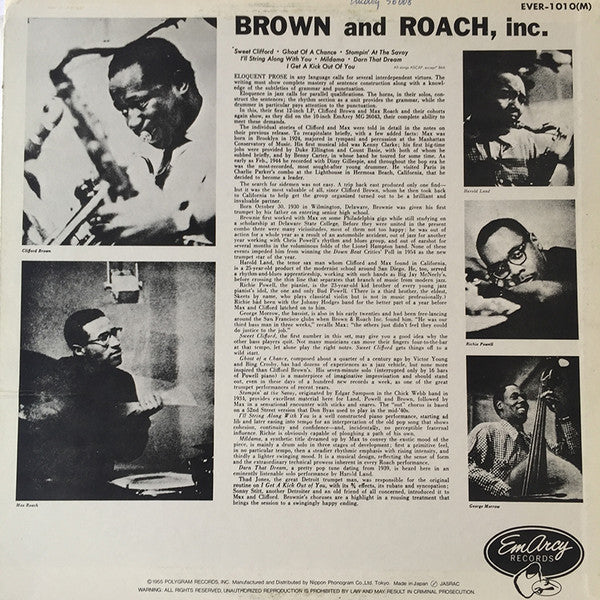 Clifford Brown And Max Roach - Brown And Roach Incorporated (Vinyl, LP, Album, Reissue, Mono) Very Good Plus (VG+) / Very Good Plus (VG+)