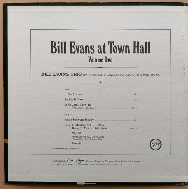 The Bill Evans Trio - Bill Evans At Town Hall (Volume One) (Vinyl, LP, Album, Reissue, Stereo) Very Good Plus (VG+) / Good Plus (G+)
