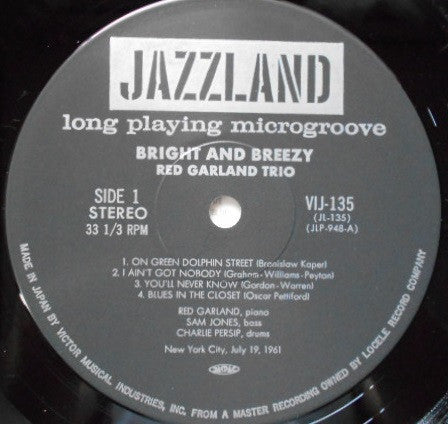 The Red Garland Trio - Bright And Breezy (Vinyl, LP, Album, Reissue, Stereo) Very Good Plus (VG+) / Very Good Plus (VG+)