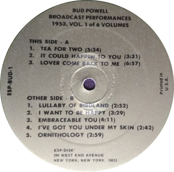 Bud Powell - Broadcast Performances 1953, Vol. 1 Of 6 Volumes (Vinyl, LP) Very Good (VG) / Very Good Plus (VG+)
