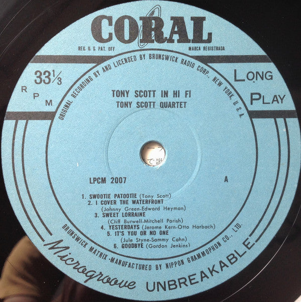 The Tony Scott Quartet - Tony Scott In Hi-Fi = トニイ・スコット・イン・ハイ・ファイ (Vinyl, LP, Mono) Very Good Plus (VG+) / Good Plus (G+)