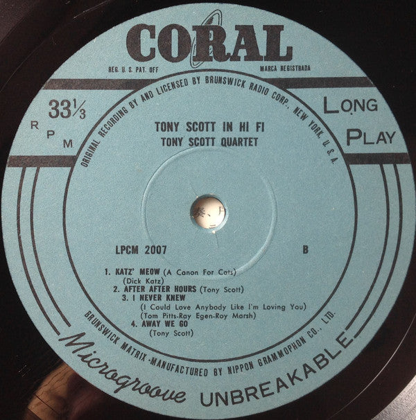 The Tony Scott Quartet - Tony Scott In Hi-Fi = トニイ・スコット・イン・ハイ・ファイ (Vinyl, LP, Mono) Very Good Plus (VG+) / Good Plus (G+)