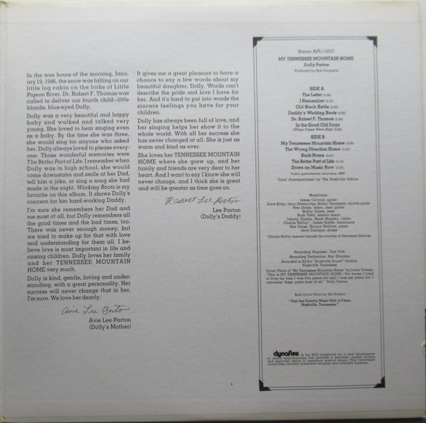 Dolly Parton - My Tennessee Mountain Home (Vinyl, LP, Album, Stereo) Very Good Plus (VG+) / Very Good Plus (VG+)