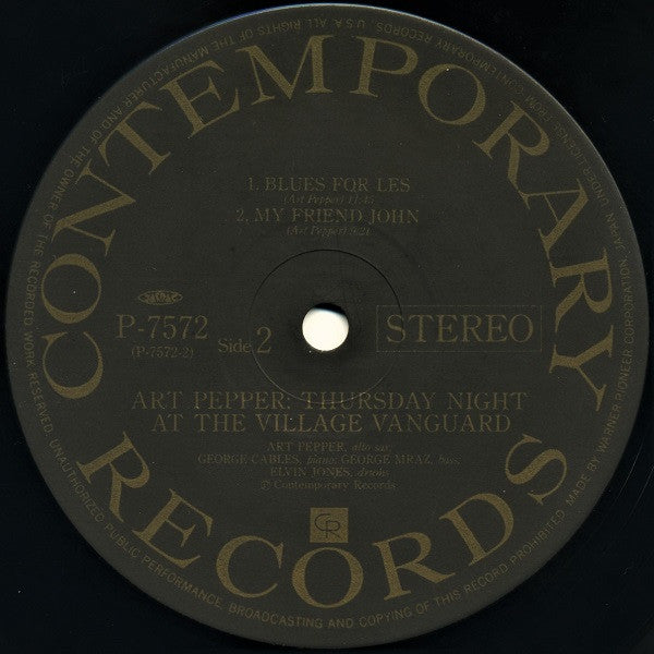 Art Pepper - Thursday Night At The Village Vanguard (Vinyl, LP, Album, Reissue, Stereo) Very Good Plus (VG+) / Very Good Plus (VG+)