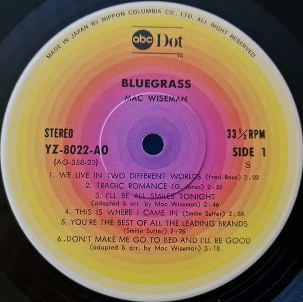 Mac Wiseman - Bluegrass (Vinyl, LP, Album, Stereo) Very Good Plus (VG+) / Very Good Plus (VG+)