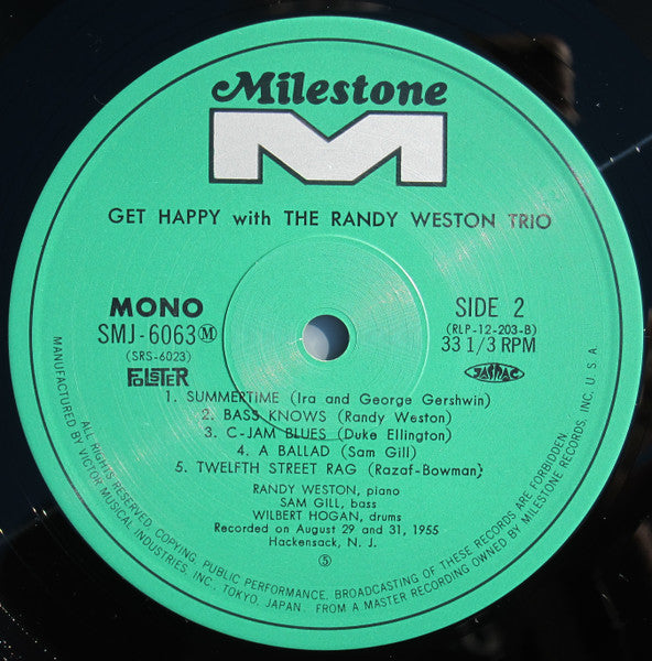Randy Weston Trio - Get Happy With The Randy Weston Trio (Vinyl, LP, Album, Reissue, Mono) Very Good Plus (VG+) / Very Good (VG)