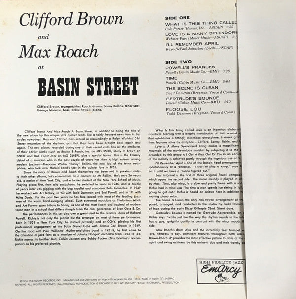 Clifford Brown And Max Roach - At Basin Street (Vinyl, LP, Album, Reissue, Mono) Very Good Plus (VG+) / Very Good (VG)