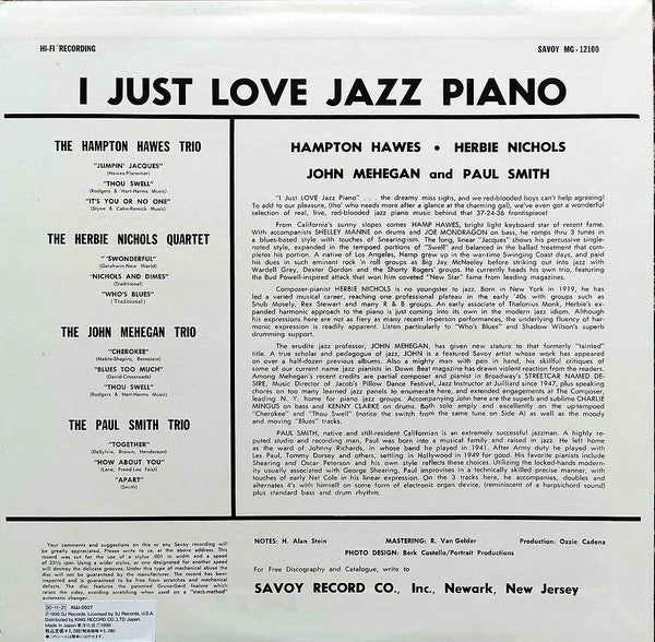 Hampton Hawes - I Just Love Jazz Piano! (Vinyl, LP, Compilation, Reissue, Mono) Very Good Plus (VG+) / Very Good Plus (VG+)