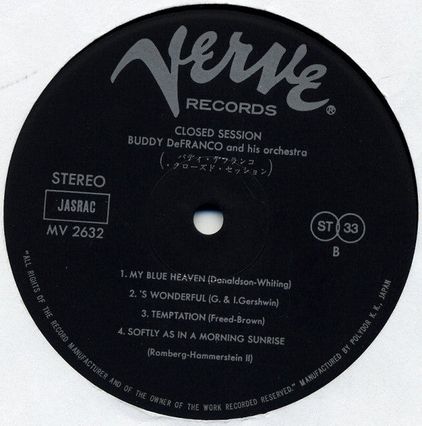 Buddy DeFranco And His Orchestra - Closed Session (Vinyl, LP, Album, Reissue) Very Good Plus (VG+) / Very Good Plus (VG+)