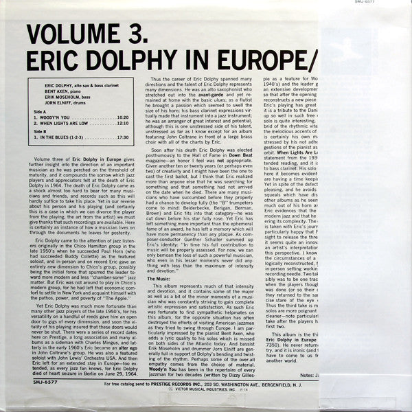 Eric Dolphy - In Europe / Volume 3. (Vinyl, LP, Album, Reissue, Stereo) Near Mint (NM or M-) / Very Good (VG)