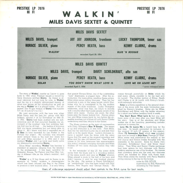 Miles Davis All Stars - Walkin' (Vinyl, LP, Album, Mono, Reissue) Very Good Plus (VG+) / Very Good Plus (VG+)