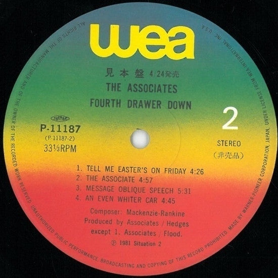 The Associates - Fourth Drawer Down (Vinyl, LP, Album, Compilation, Promo) Near Mint (NM or M-) / Very Good Plus (VG+)