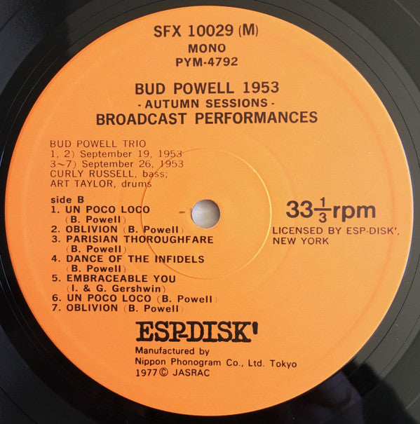 Bud Powell - 1953 Autumn Sessions - Broadcast Performances (Vinyl, LP, Album, Reissue) Very Good Plus (VG+) / Very Good Plus (VG+)