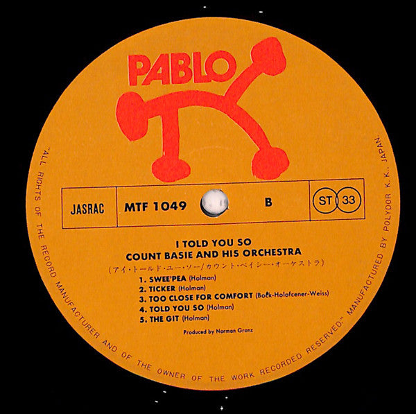 Count Basie Orchestra - I Told You So (Vinyl, LP, Album) Very Good (VG) / Very Good Plus (VG+)