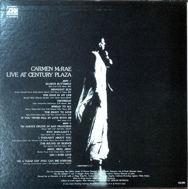 Carmen McRae - Live At Century Plaza (Vinyl, LP, Album, Stereo) Very Good Plus (VG+) / Very Good Plus (VG+)