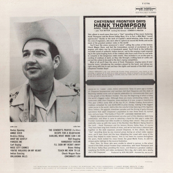 Hank Thompson and His Brazos Valley Boys - Cheyenne Frontier Days (Vinyl, LP, Album, Mono) Good Plus (G+) / Very Good (VG)