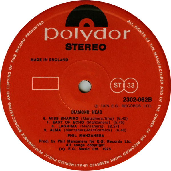 Phil Manzanera - Diamond Head (Vinyl, LP, Album, Reissue, Stereo) Very Good (VG) / Very Good Plus (VG+)