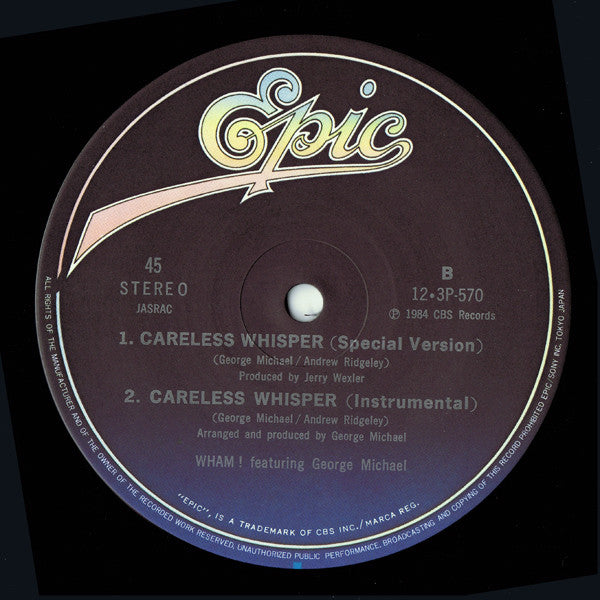 Wham! - Careless Whisper (Vinyl, 12", 45 RPM) Very Good Plus (VG+) / Very Good Plus (VG+)