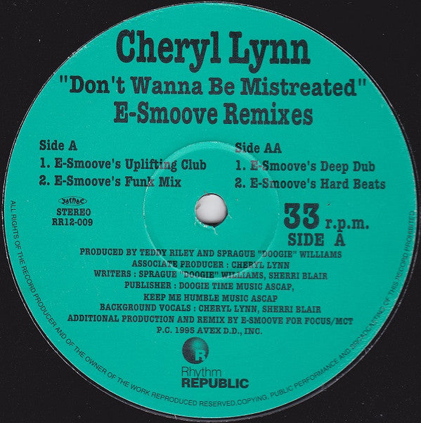 Cheryl Lynn - Don't Wanna Be Mistreated (E-Smoove Remixes) (Vinyl, 12", 33 ⅓ RPM, Single, Stereo) Good Plus (G+) / Fair (F)