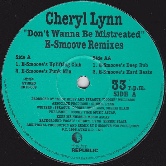 Cheryl Lynn - Don't Wanna Be Mistreated (E-Smoove Remixes) (Vinyl, 12", 33 ⅓ RPM, Single, Stereo) Good Plus (G+) / Fair (F)
