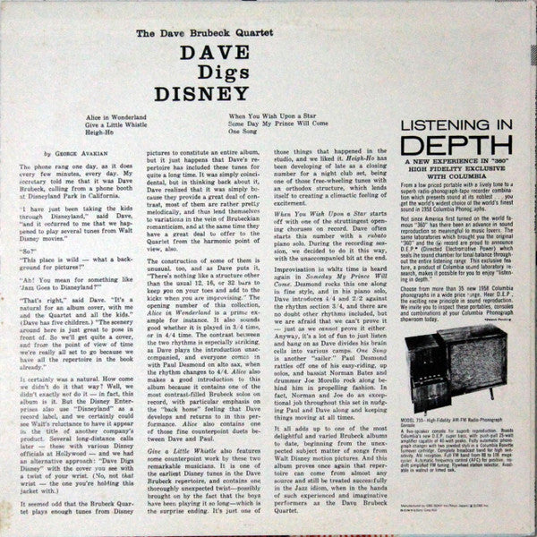 The Dave Brubeck Quartet - Dave Digs Disney (Vinyl, LP, Album, Reissue, Mono) Very Good Plus (VG+) / Very Good (VG)