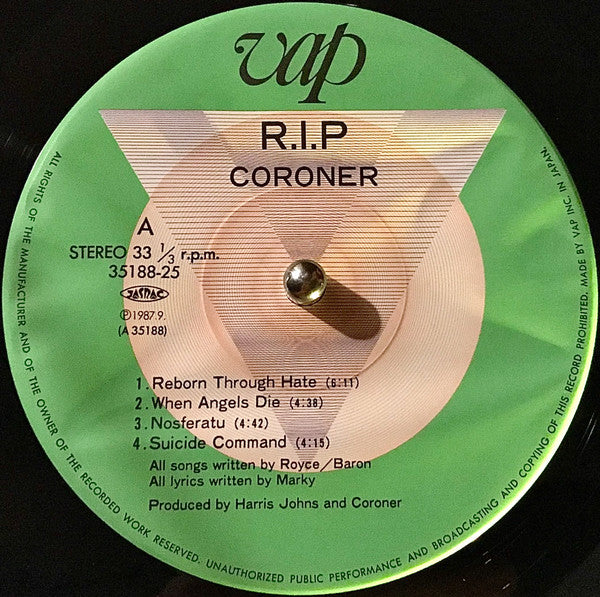 Coroner - R.I.P. (Vinyl, LP, Album) Near Mint (NM or M-) / Very Good Plus (VG+)