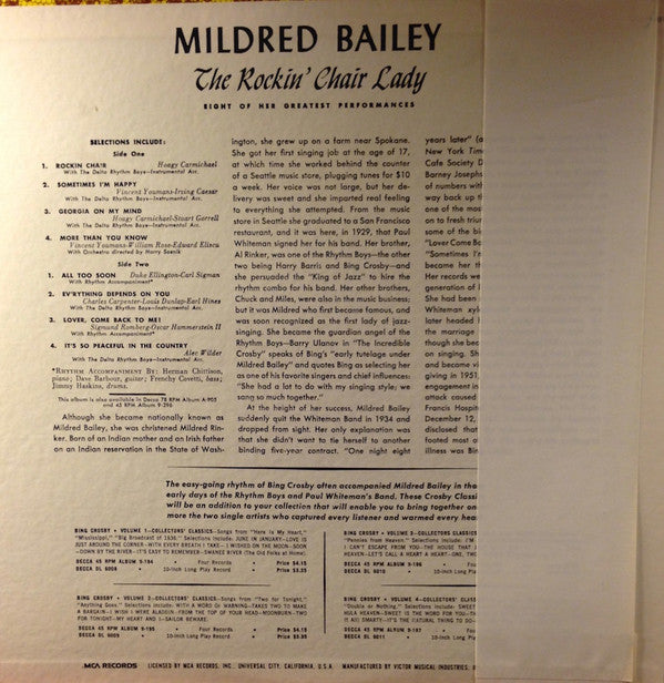 Mildred Bailey - The Rockin' Chair Lady (Vinyl, LP, Compilation, Reissue, Mono) Very Good Plus (VG+) / Very Good (VG)