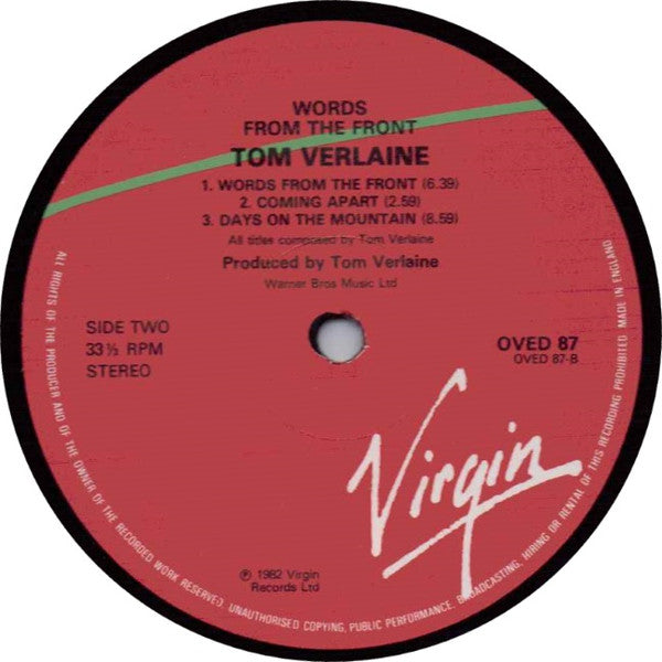 Tom Verlaine - Words From The Front (Vinyl, LP, Album, Reissue) Good Plus (G+) / Very Good Plus (VG+)