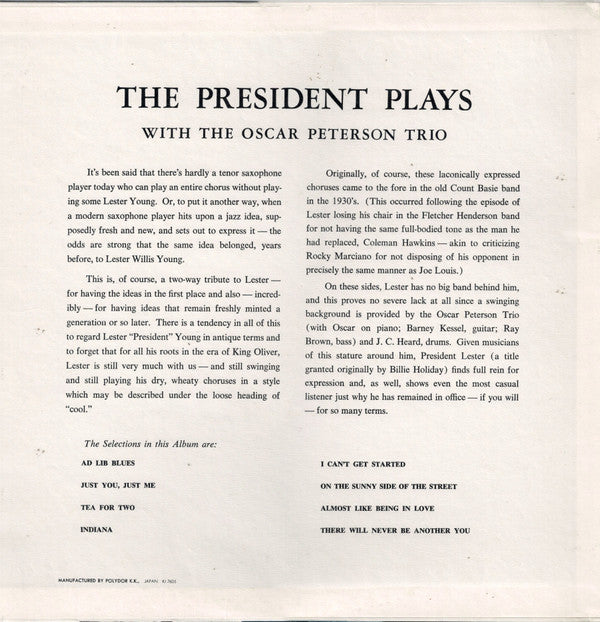 Lester Young - The President Plays With The Oscar Peterson Trio (Vinyl, LP, Reissue, Mono) Very Good Plus (VG+) / Very Good Plus (VG+)