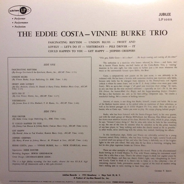 Eddie Costa - Vinnie Burke Trio - Eddie Costa - Vinnie Burke Trio (Vinyl, LP, Album, Mono, Reissue) Near Mint (NM or M-) / Near Mint (NM or M-)