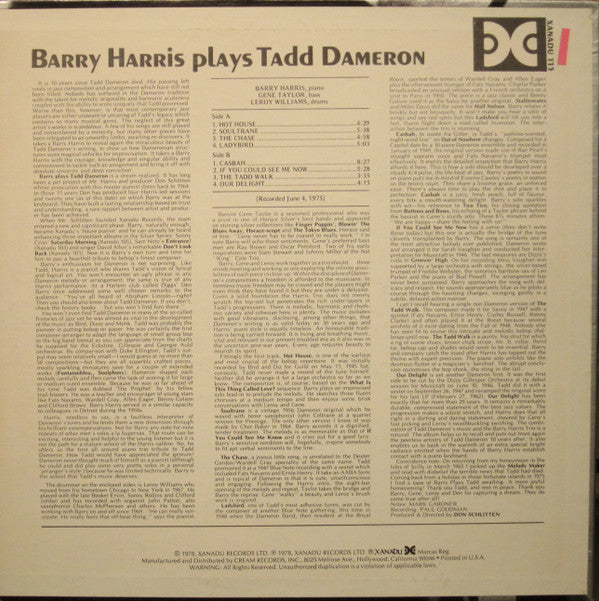 Barry Harris (2) - Barry Harris Plays Tadd Dameron (Vinyl, LP, Album) Very Good Plus (VG+) / Very Good (VG)