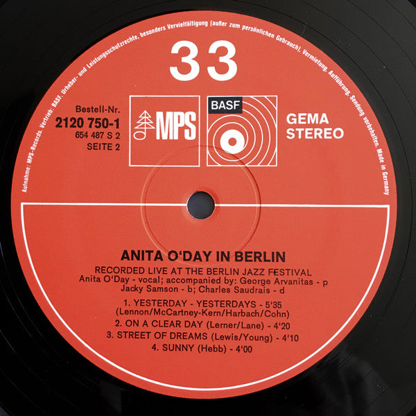 Anita O'Day - Anita O'Day In Berlin, Recorded Live At The Berlin Jazz Festival (Vinyl, LP, Album, Repress) Very Good Plus (VG+) / Very Good Plus (VG+)
