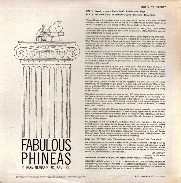 Phineas Newborn Trio - Fabulous Phineas (Vinyl, LP, Album, Reissue, Stereo) Very Good Plus (VG+) / Very Good Plus (VG+)