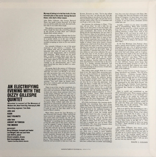 Dizzy Gillespie Quintet - An Electrifying Evening With The Dizzy Gillespie Quintet - Recorded Live In Concert (Vinyl, LP, Album, Reissue) Very Good Plus (VG+) / Very Good Plus (VG+)