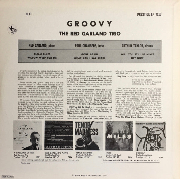The Red Garland Trio - Groovy (Vinyl, LP, Album, Reissue, Mono) Very Good Plus (VG+) / Very Good Plus (VG+)