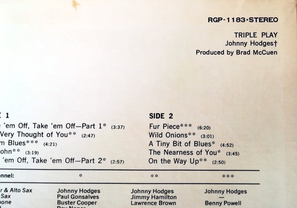 Johnny Hodges - Triple Play (Vinyl, LP, Stereo) Very Good Plus (VG+) / Very Good Plus (VG+)