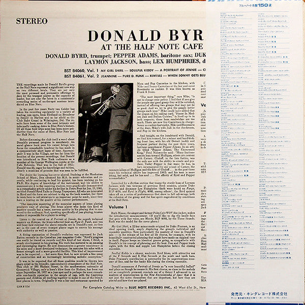 Donald Byrd - At The Half Note Cafe, Vol. 1 (Vinyl, LP, Album, Reissue, Stereo) Near Mint (NM or M-) / Very Good Plus (VG+)