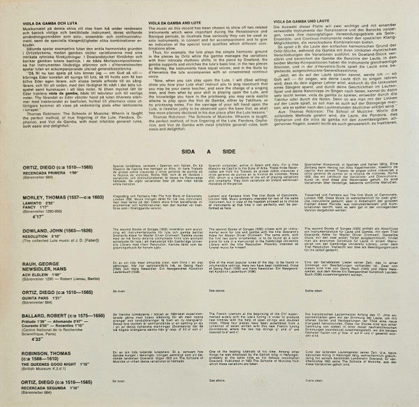 Bengt Ericson - Ortiz, Morley, Dowland, Rauh, Newsidler, Ballard, Robinson, Abel, De Caix D'Hervelois (Vinyl, LP, Reissue, Stereo) Very Good (VG) / Very Good Plus (VG+)