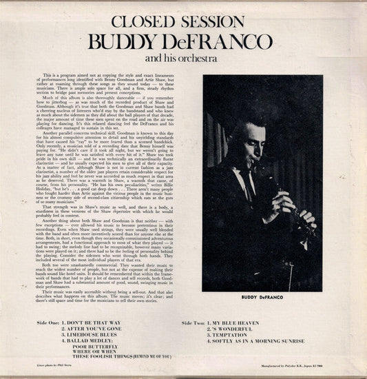 Buddy DeFranco And His Orchestra - Closed Session (Vinyl, LP, Album, Reissue) Very Good Plus (VG+) / Very Good Plus (VG+)