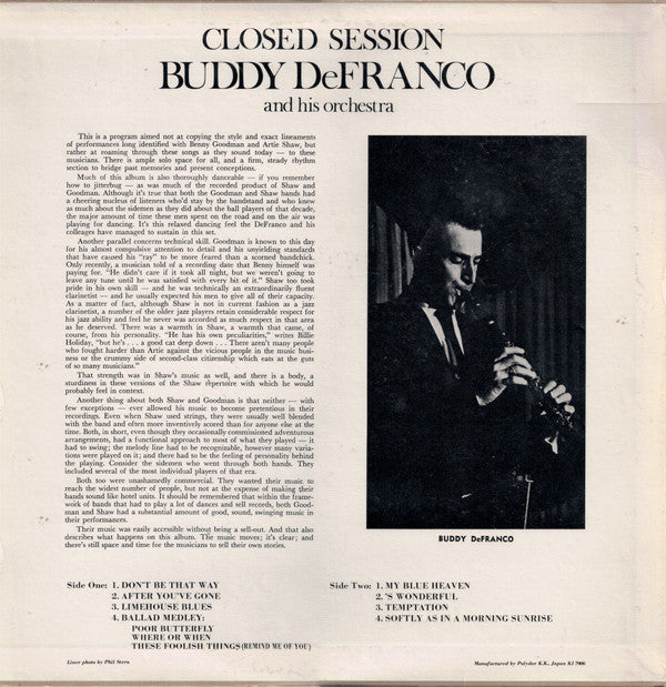 Buddy DeFranco And His Orchestra - Closed Session (Vinyl, LP, Album, Reissue) Very Good Plus (VG+) / Very Good Plus (VG+)