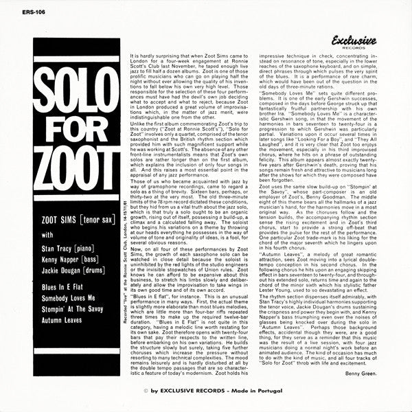 Zoot Sims - Solo For Zoot (Vinyl, LP, Album)